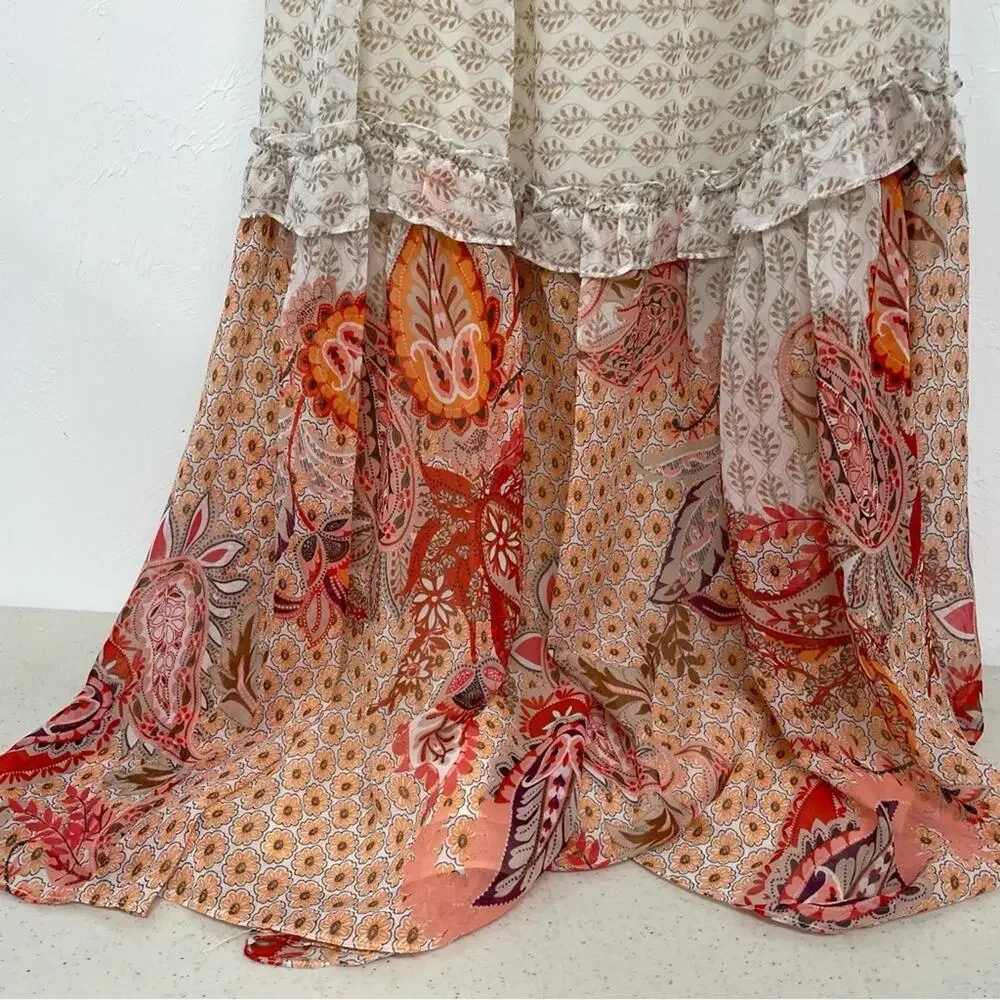 Misa Los Angeles Dionica Midi Floral Tiered Boho Dress Womens M Cottage Core